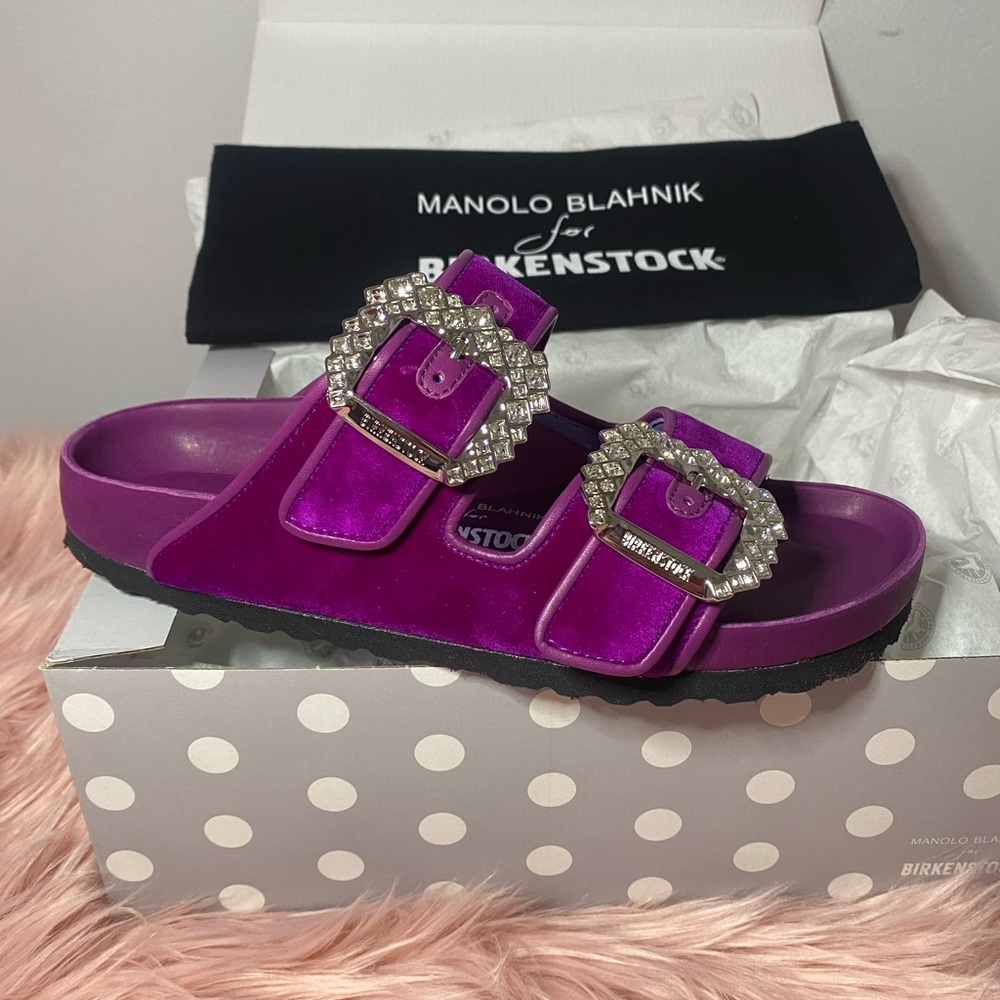 Velvet fuchsia Manolo Blahnik x Birkenstock collaboration